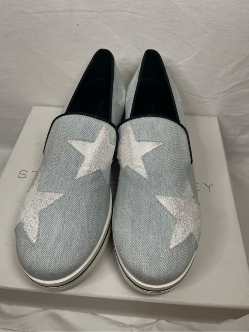 Stella McCartney Light Blue Slip-On Loafers with White Stars
